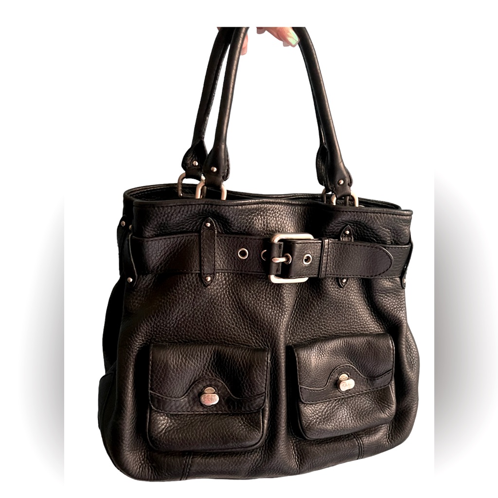 Belted Cole Haan Shoulder Satchel Tote Bag Black Pebble Leather